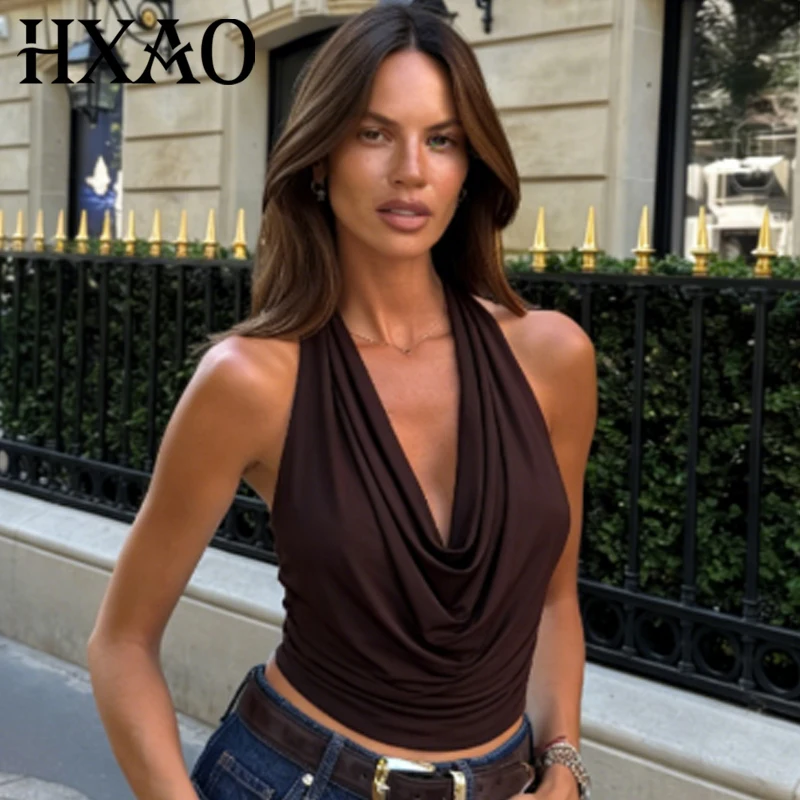 HXAO Damen Braunes Neckholder-Top Sommer 2026 Sexy Gerüschtes Rückenfreies Schnür-Tanktop Ärmelloses Crop-Top für Damen Resort-Top