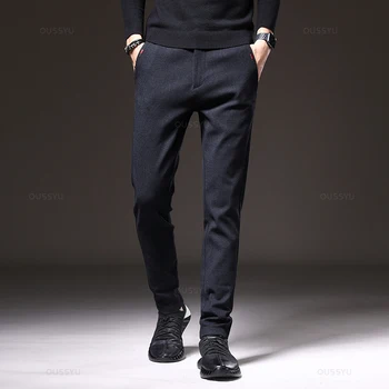 Autumn Winter Men's Casual Pants Solid Color Business Elastic Waist Slim Fit Stretch Thick Gray Black Blue Cotton Trousers Male 3