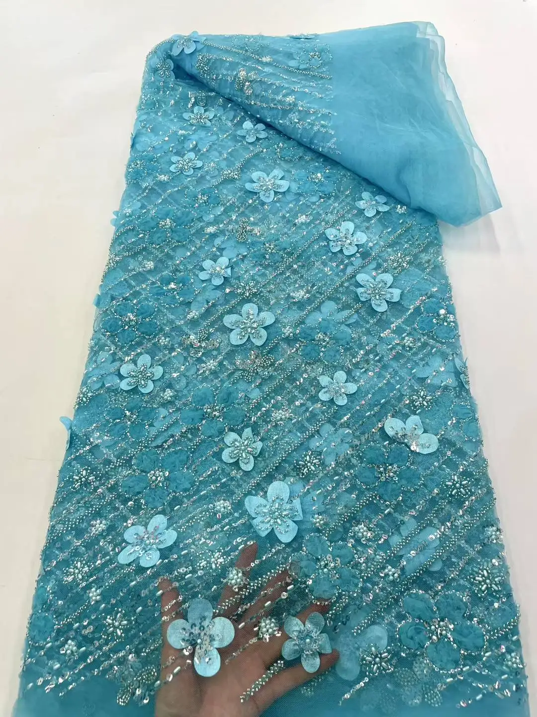 

Newest Luxury Nigerian African Beaded Sequins Tulle Lace Fabric 2025 Bride French 3D Flower Lace Fabric Sewing Embroidered Lace