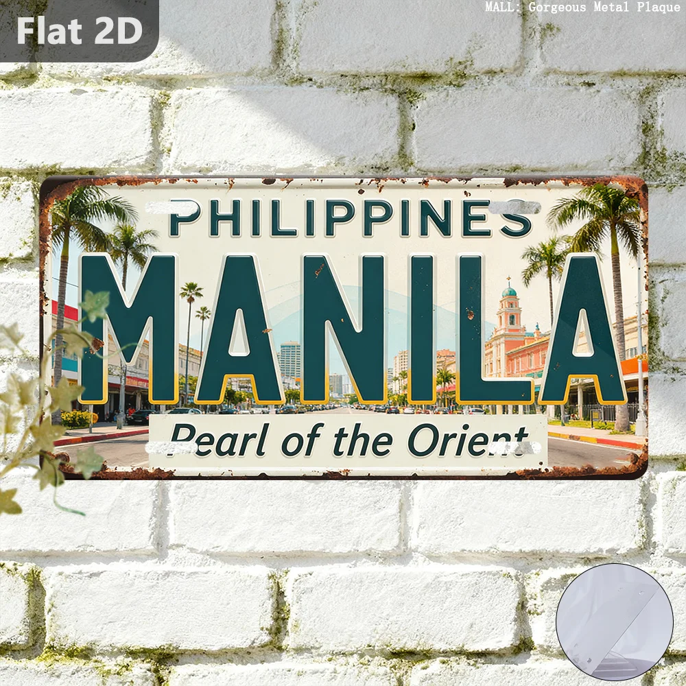 Letrero Plano 2D, 1 Pieza, Manila Filipinas, Letrero Retro (30.48cm X 14.99cm), Decoración de Pared Vintage para Exteriores, Recuerdos, Año, Número y Placa