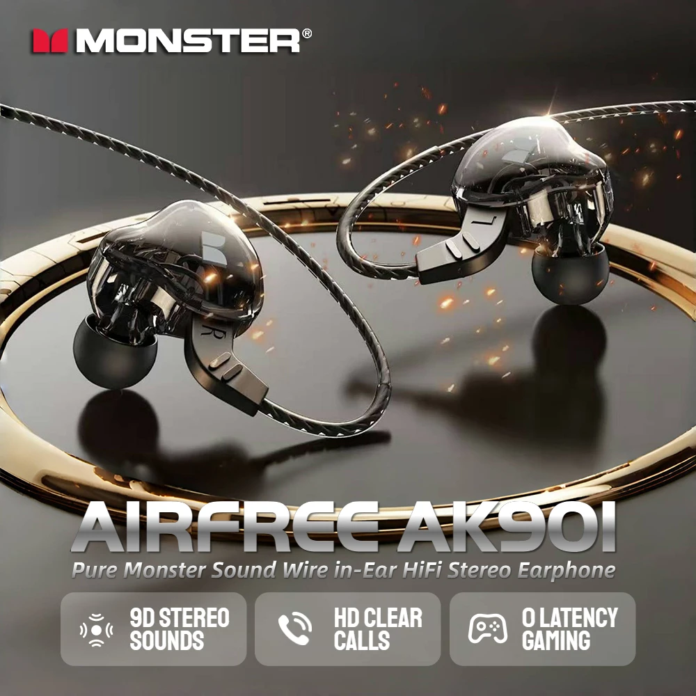 سماعة رأس سلكية من Monster AirFree AK901 Type-C مع ميكروفون 3.5 ملم سماعات أذن سلكية HiFi سماعات أذن استريو للألعاب الرياضية
