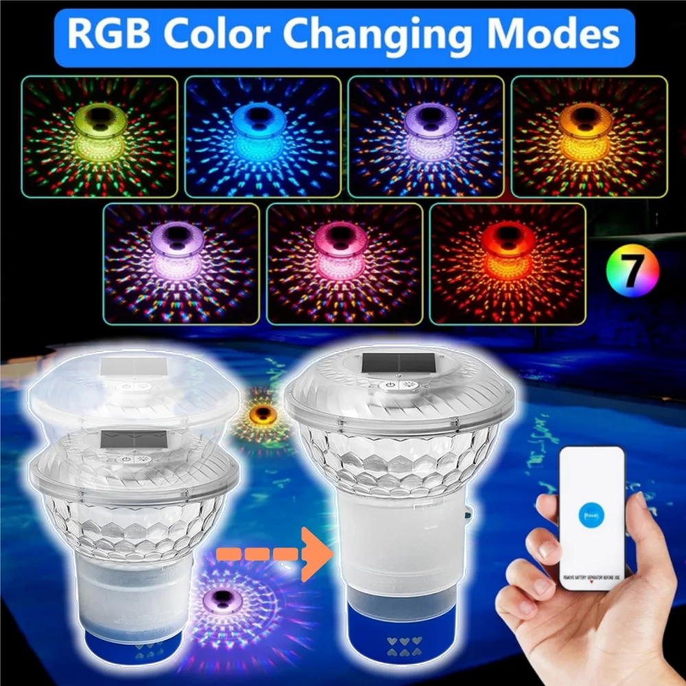 

Усовершенствованный плавающий солнечный хлоратор для бассейнов, водонепроницаемые светильники для бассейнов с пультом ДУ, режимы RGB-подсветки для создания атмосферы ночью