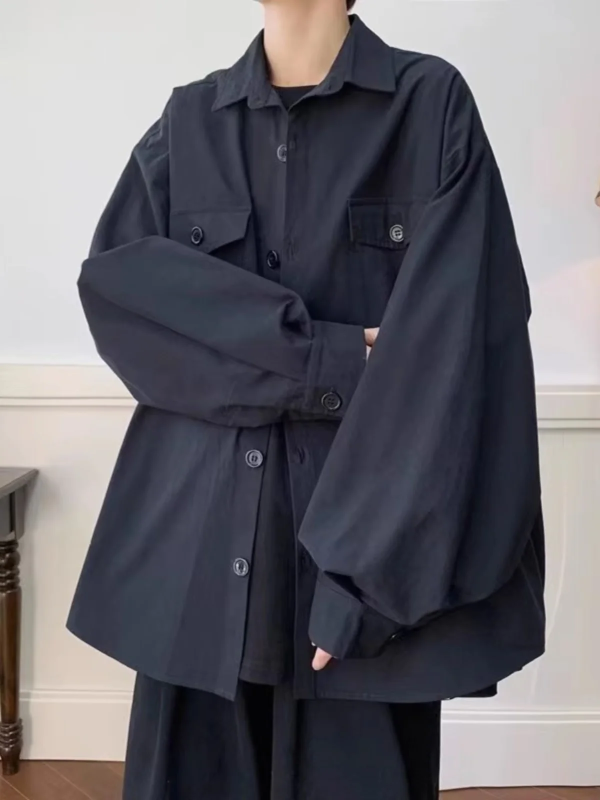 

Large Size Men's Work irt American Retro Loose Long Sve Coat with ket Design for Autumn Polyester Youth Faion