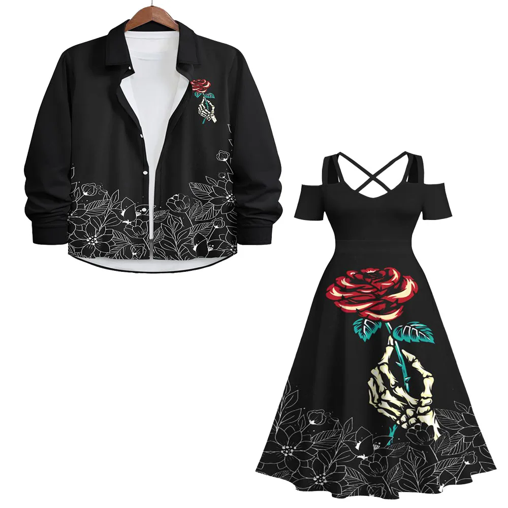 Plus Size Skeleton Hand Rose Flower Leaf Printed Halloween Costume Crisscross A Line Maxi Dress And Button Shirt For Men