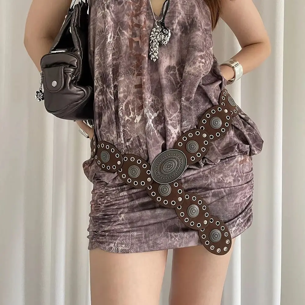 Cintura da donna vintage di nicchia in pelle PU Y2k cintura ovale in vita punk nero marrone abito jeans cintura accessori in vita