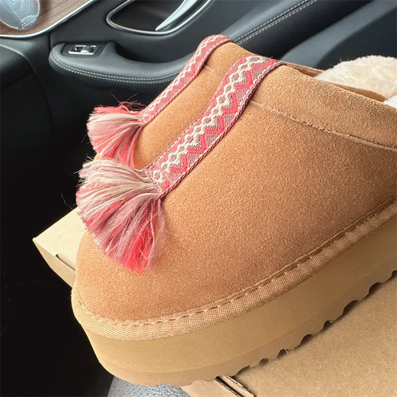 New Ethnic Style Thick Soled Slippers Women's Cowhide Wool Height Increasing Shoes With Fleece Insulation Boots Anti Slip Soles