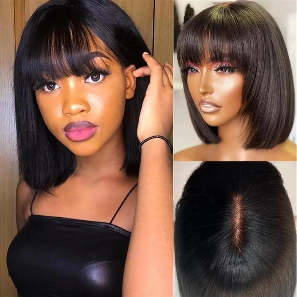 

Short Straight Bob Wig With Bangs Human Hair Glueless 180%Density Middle Part Upgraded 2x1 Scalp Lace Wigs Human Hair With Bangs
