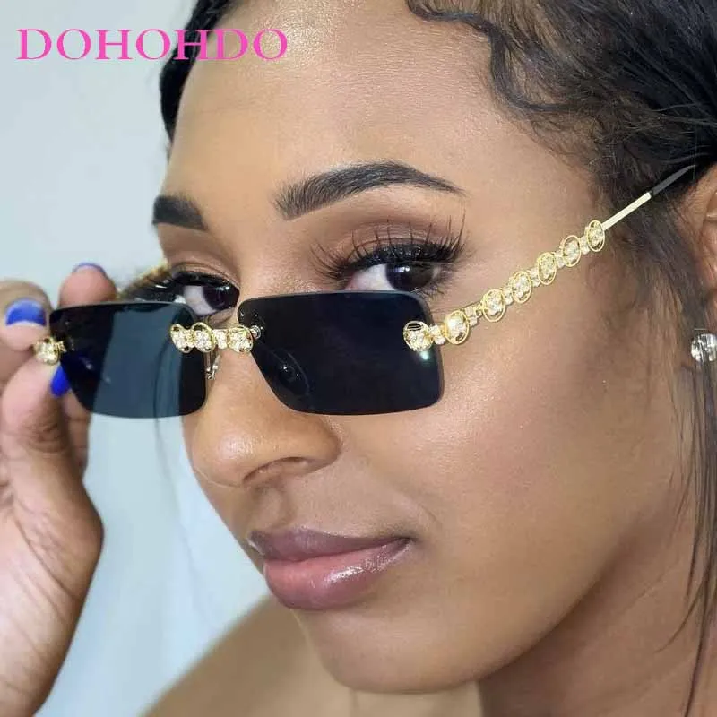 

DOHOHDO New Fashion Luxury Brand Designer Design Eye Protection Rectangular Frameless Cut Diamond Metal Ladies Sunglasses UV400