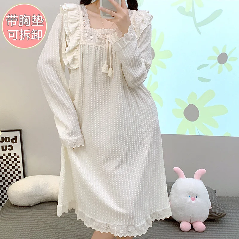 

Spring Autumn Women's Long Sleeve Nightgown Dress Loose Lace Solid Pajamas Skirt With Chest Pad Sweet Medium Skirt