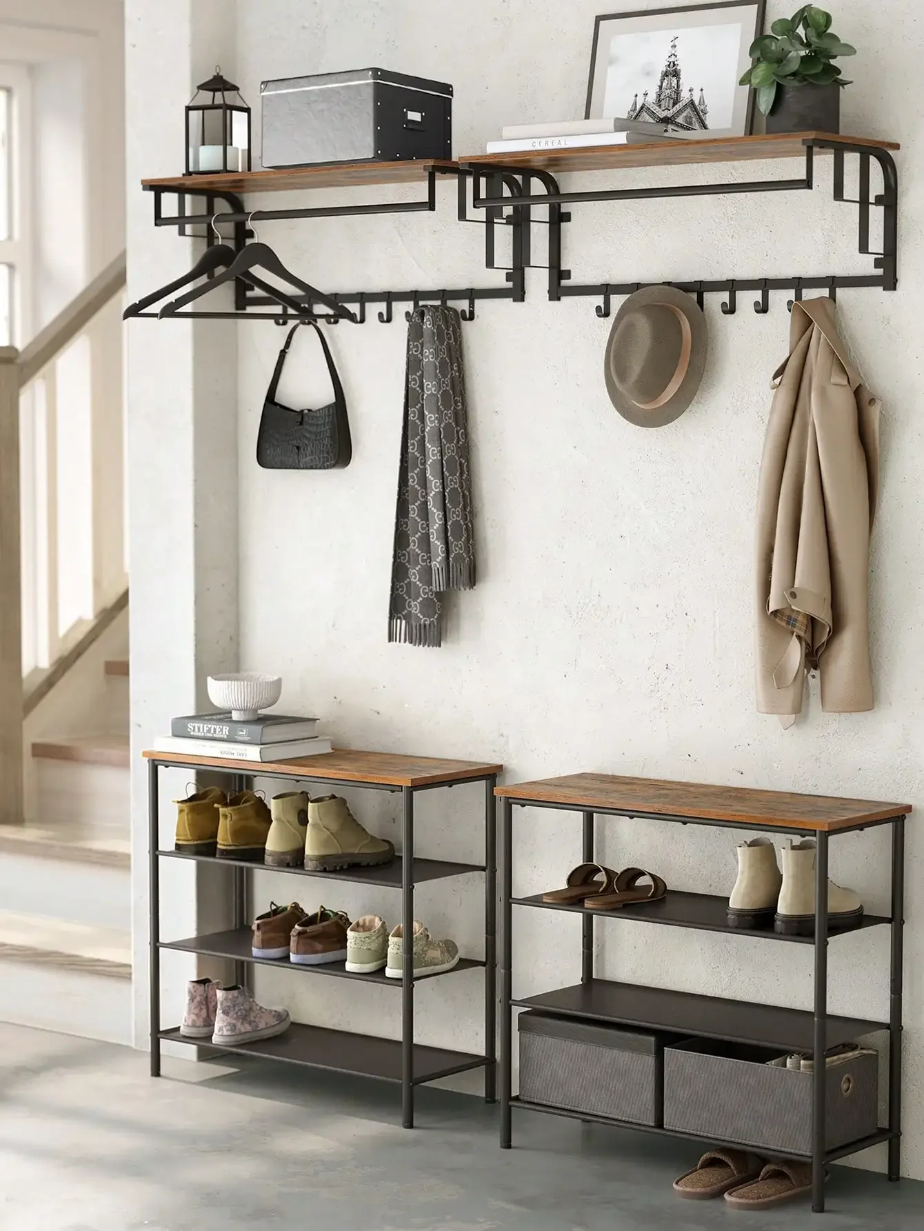 Wall Hooks: 5 hooks, floating rack with track for hanging. Brown/black.