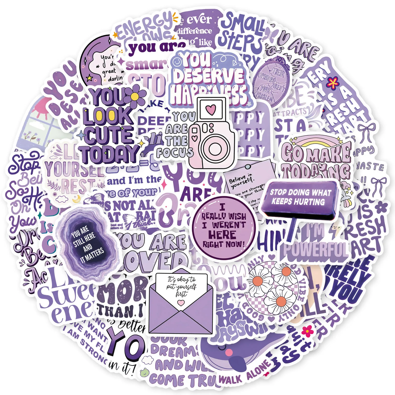 Autocollants imperméables avec texte inspirant violet, 50 pièces, Slogan anglais, Graffiti, décoration pour carnet de notes, valise, tasse d'eau, jouets de guitare