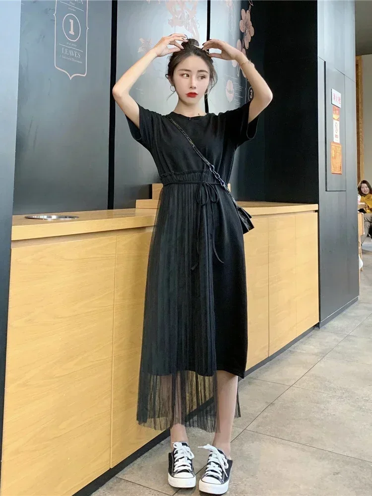 女性用半袖Tシャツドレス,ルーズニットTシャツ,女性用ロングドレス,気質,夏,新品,sp419