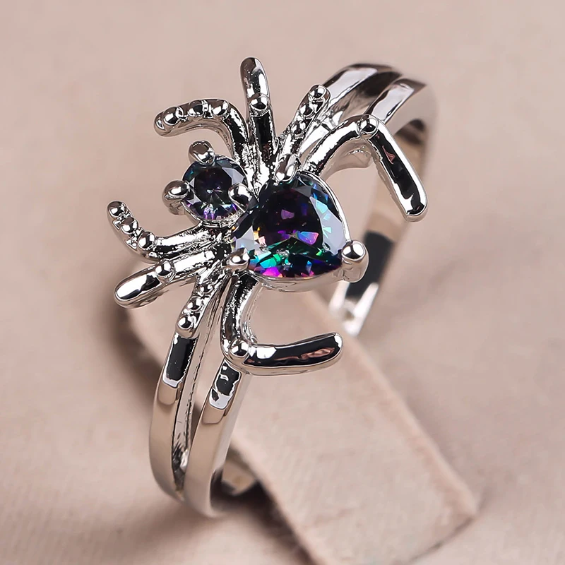 2023 Trend Animal Ring   Silver Color Spider Halloween Present Finger  For Women Fashion Jewelry  Silver Colorful Glass Filled