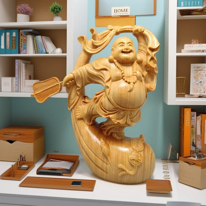 

Natural Cypress Joyful Maitreya Buddha Figure Decoration Statue-Distinctive WoodCarving Suitable for Home Room Office Decorative