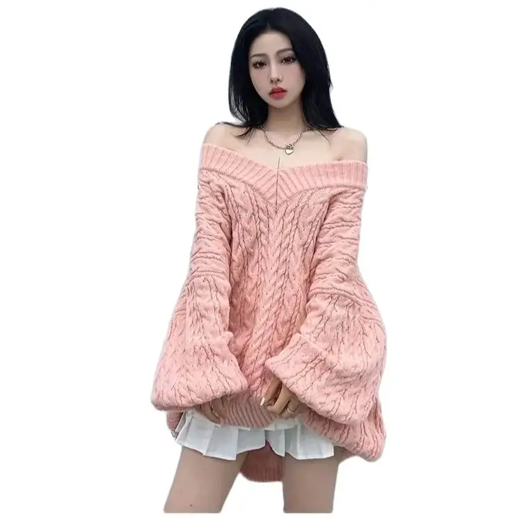 Knitted Sweater V-Neck Autumn And Winter Women'S Oversized Knitted Pullover Korean Style Long-Sleeved Solid Color Loose Sweater