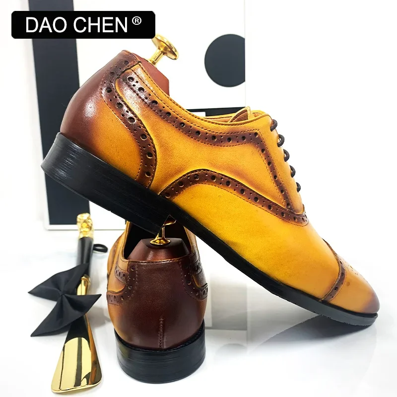 LUXURY BRAND MEN\'S OXFORD SHOES BLACK YELLOW LACE UP BROGUE CAP TOE CASUAL MENS DRESS SHOES OFFICE WEDDING LEATHER SHOES