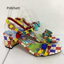 Bohemian Rhinestone Jewels Chunky Heels Sandals For Women Open Toe Prints Buckle Strap 6/10Cm High Heels Beach Vacation Shoes