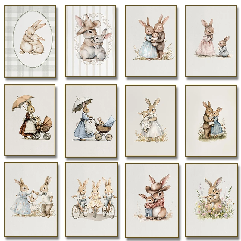 Antique Family Mom and 2 Kids Rabbit Illustration Poster Vintage Bunny Canvas Painting Print Nursery Farmhouse Room Home Decor