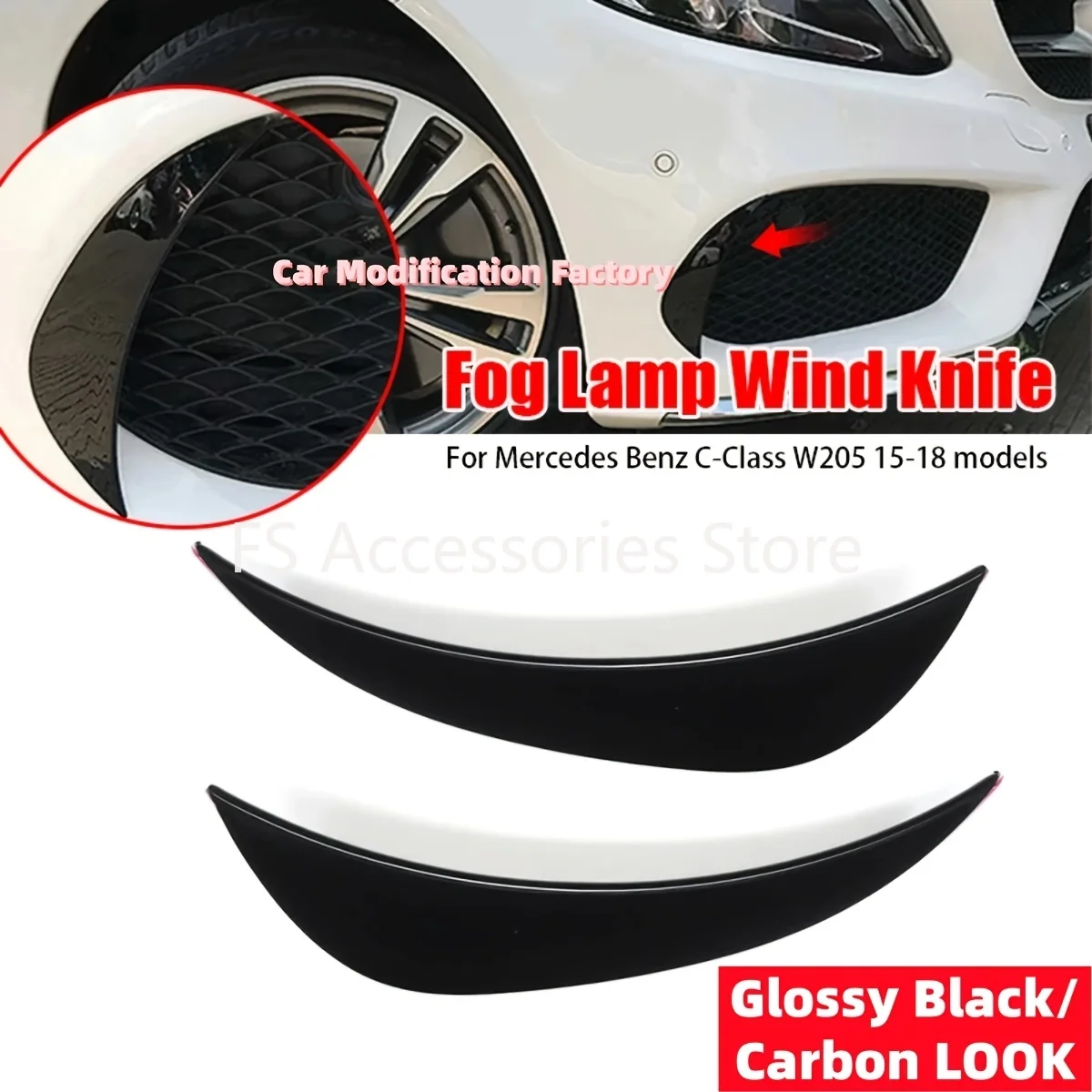 2 Stück Auto-Frontstoßstangen-Nebelscheinwerfer-Windmesser, modifizierte Dekoraufkleber für Mercedes-Benz C-Klasse W205 Modelle 2015-2018