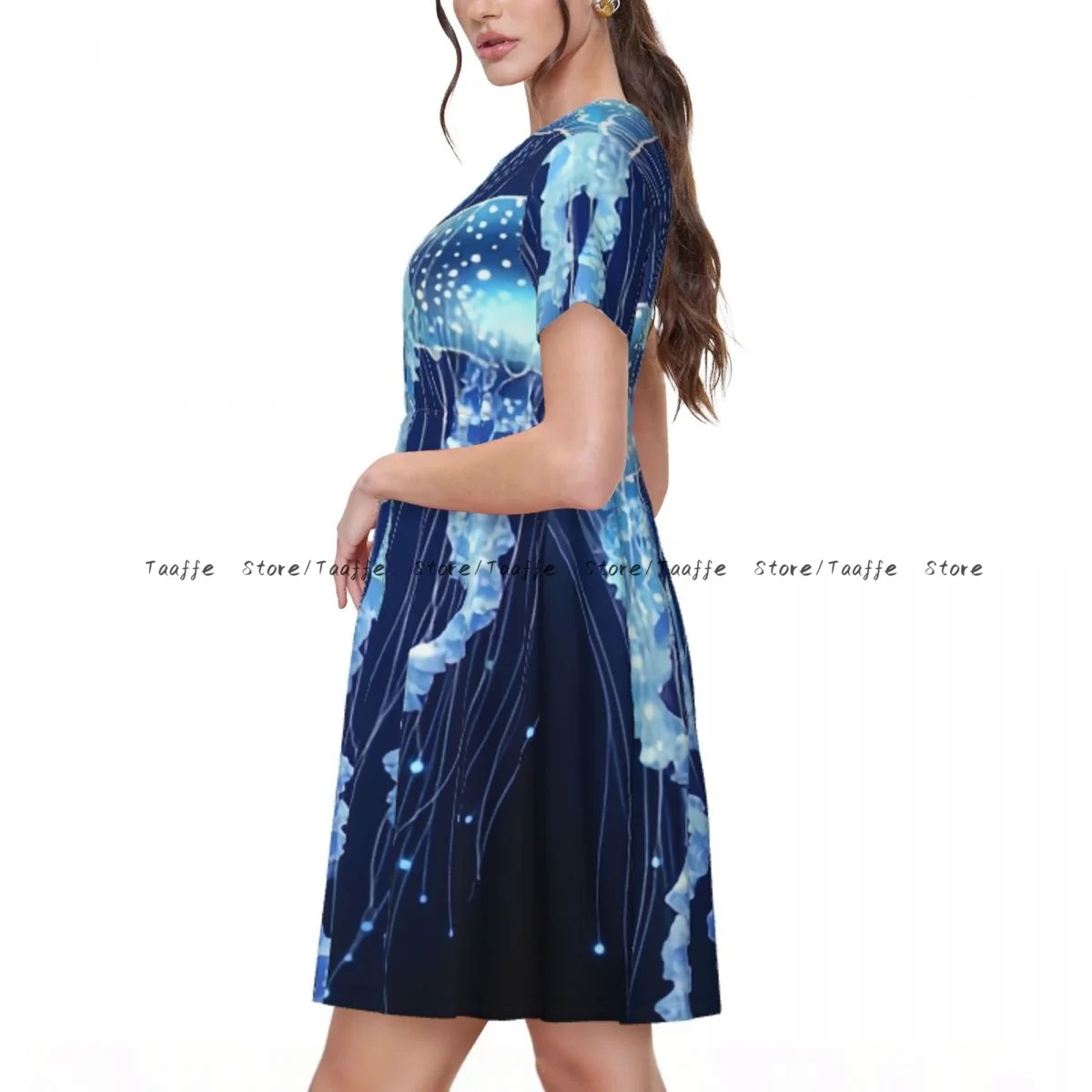 Summer Women Dress Bioluminescent Jellyfish With Tentacles Casual Beach Holiday Short Sleeve Round Collar Woman Midi Dress