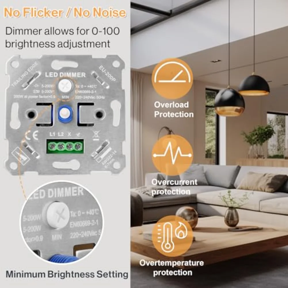 Home Lighting White 230V LED Dimmer Smooth Brightness Control Dimming Switch Dimmable 5-200W Overcurrent Protection