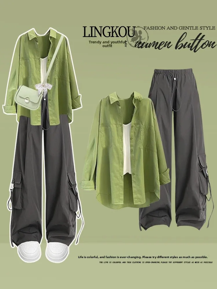 Ladies Casual Spring Summer Three-Piece Set Wide Leg Workwear Pants Sun Protection Shirt Korean Style Slimming Effect