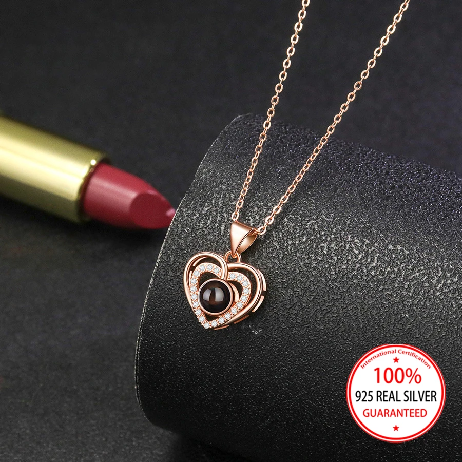 925 فضة مخصص اللون صور الإسقاط القلب قلادة قلادة رائعة خمر عيد الحب السيدات هدية عيد ميلاد #2