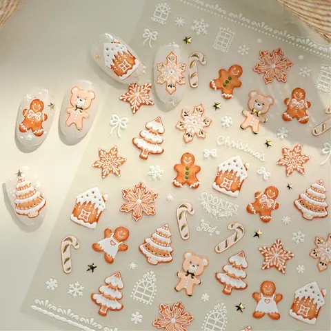 Christmas Cookies Snowflake Christmas Tree Gingerbread House Gold Stamped 3D Self Adhesive Nail Art Sticker Xmas Manicure Decals