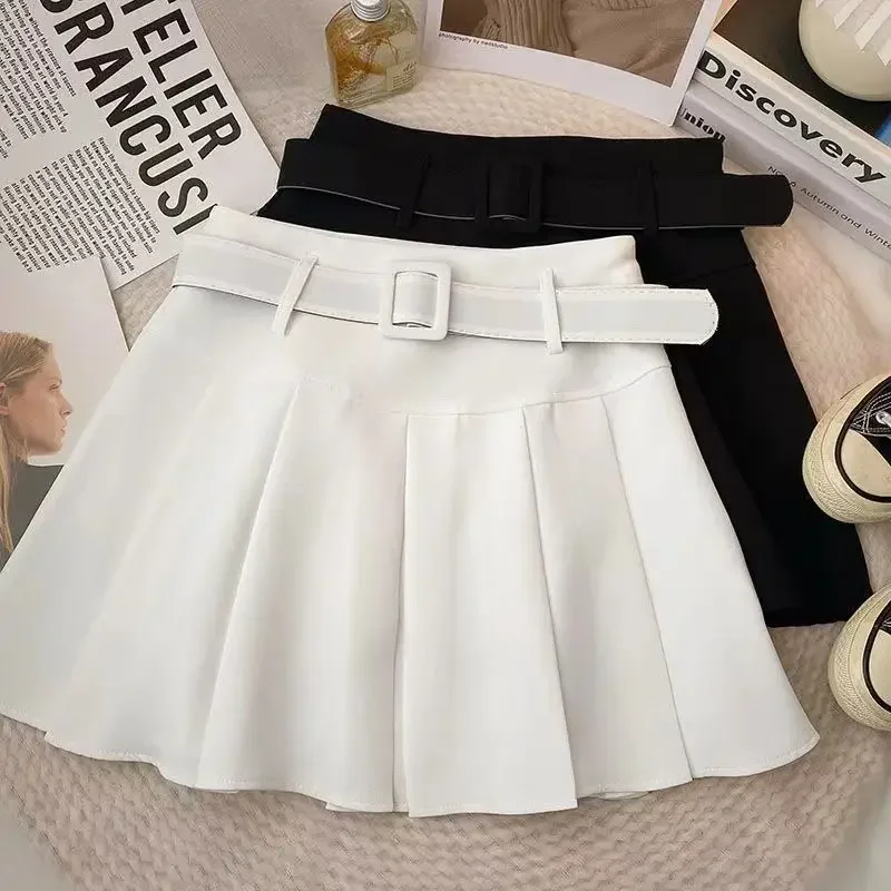 Kids Girls Pleated Skirts Pink Black White 2023 New Children Casual Skirts With Belt Korean Style Teenage Girls Dance Skirt