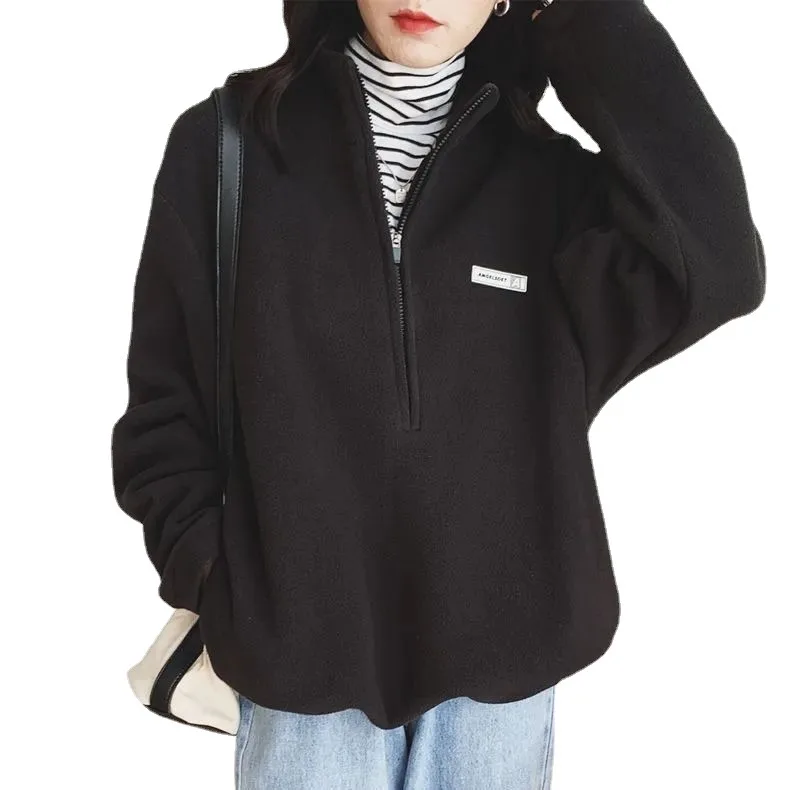 Korean Fleece Hoodies Sweatshirts Women Casual Kpop Fashion Plus Velevt Sweatshirt Top  Autumn Winter Warm Zipper Pullover