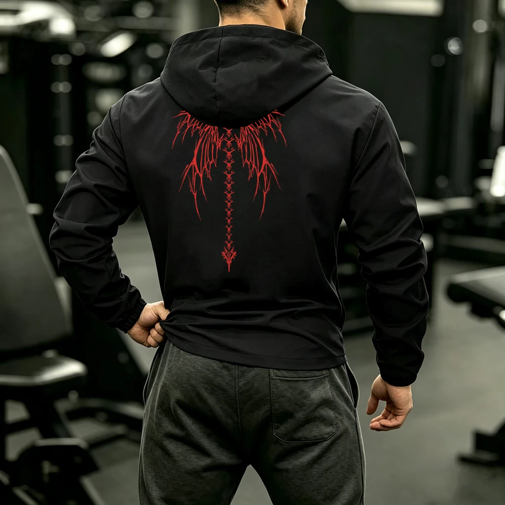 Men's Full Zip & Side Stripes Stand Up Hooded Jacket Red Skull Wings Print for Casual Sport Running Workout Outerwear Tops