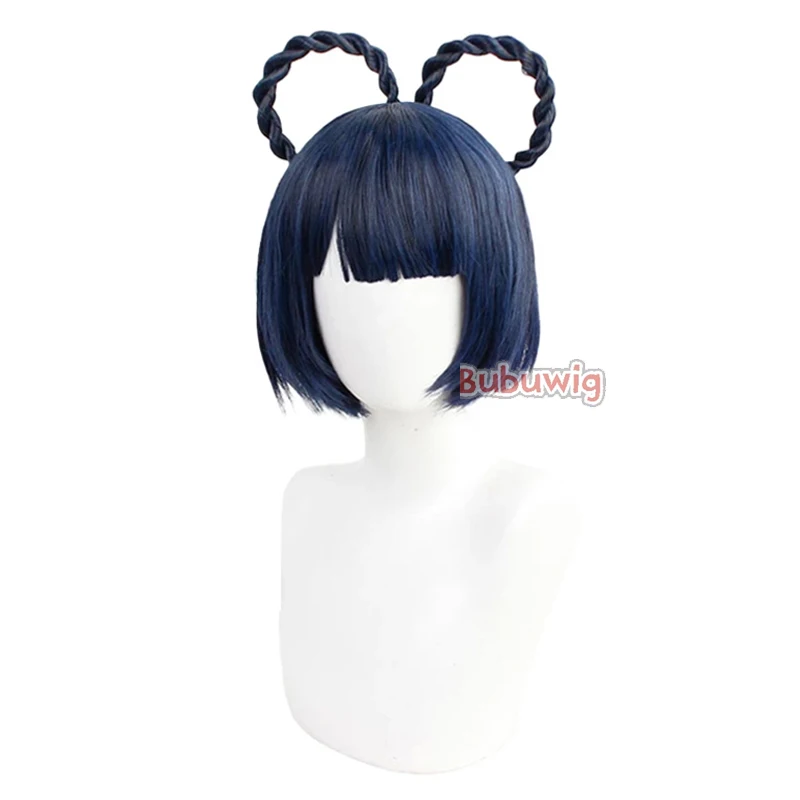 Bubuwig cabelo sintético genshin impacto xiangling peruca cosplay feminino dia das bruxas 30cm curto em linha reta perucas de festa azul resistente ao calor