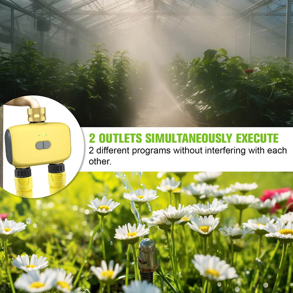 2 Outlets Bluetooth Garden Water Timer IP55 Waterproof Multi-Functional Automatic Irrigation Timer Rain Delay Manual Auto Mode