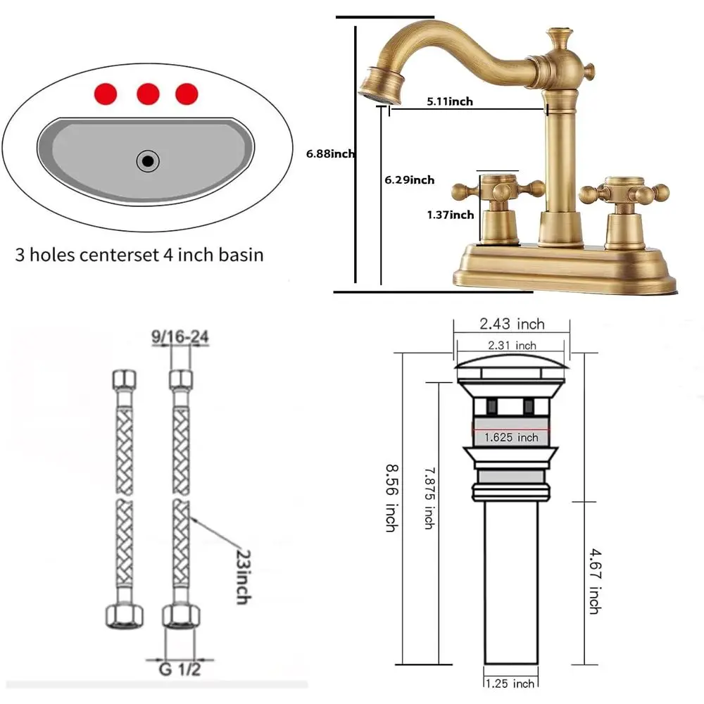 Torneira de vaidade central de latão antigo com 2 alças e 4 polegadas com dreno e mangueira de alimentação