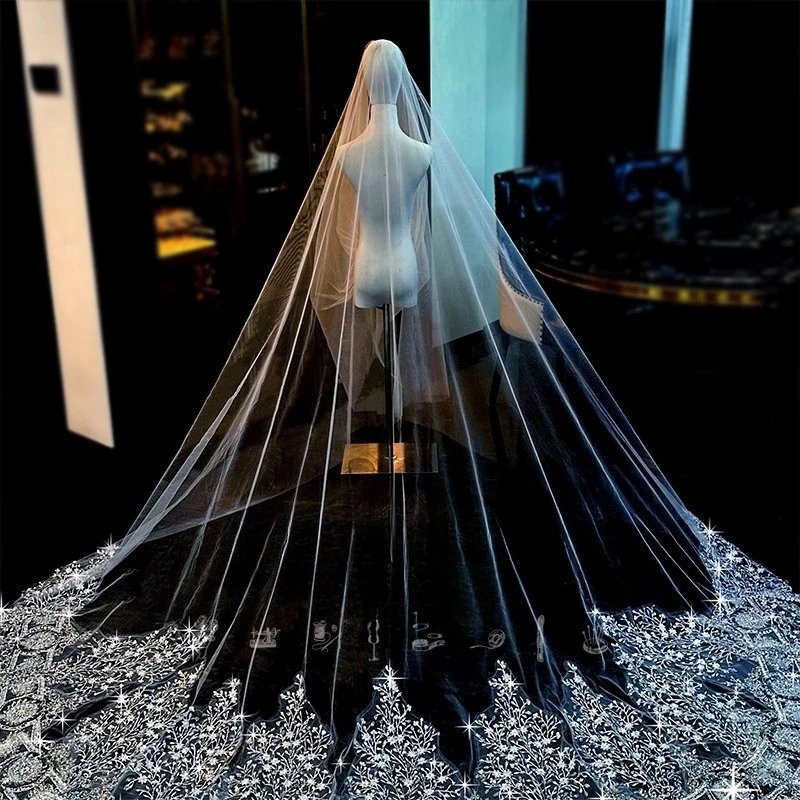 Bridal Veil Heavy Industry Premium Bead Embroidery Sequin Veil Long Large Trailing Headgear