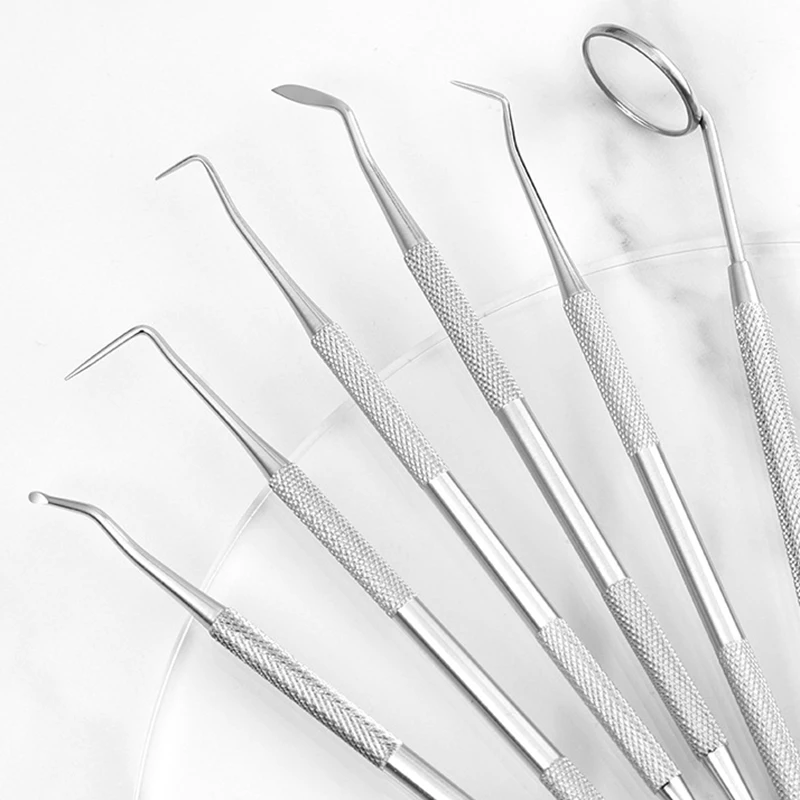 5pcs/pack Dental Stainless Steel Clean Tools Dental Mirror Teeth Pick Double Probe Sickle Hoe Sickle Scaler Tooth Cleaning Tools