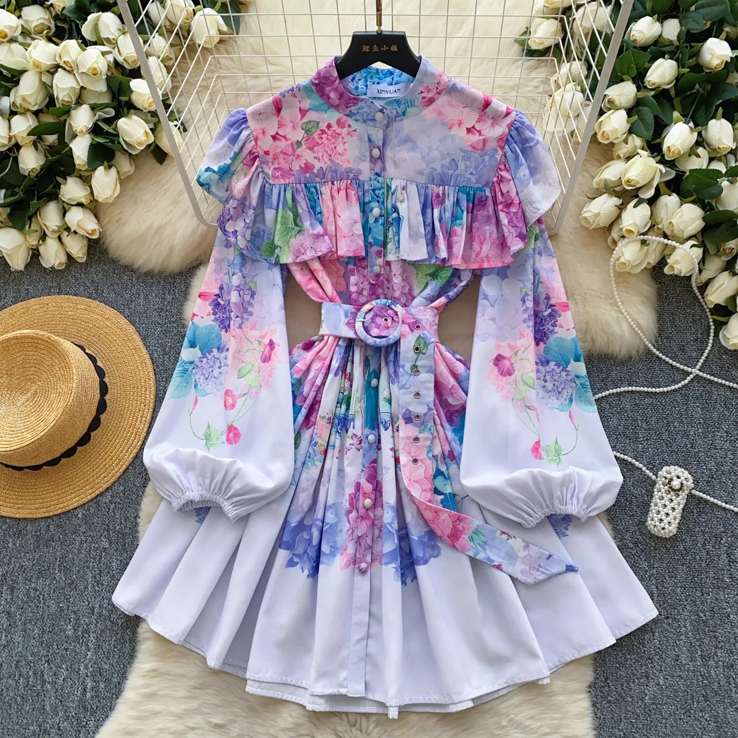 

2025 Spring Summer Gorgeous Flower Linen Robe Dress Women's Stand Single Breasted Floral Print Belt Ruffles Mini Party Vestidos