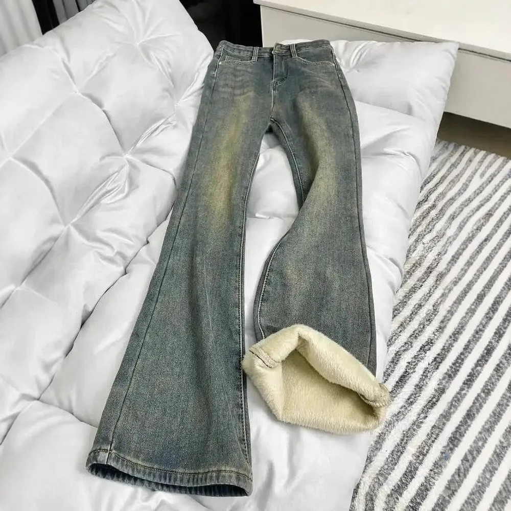 

Уютные винтажные синие джинсы на флисовой подкладке, женские зимние расклешенные джинсы с высокой талией в американском стиле, простые осенние теплые удобные джинсы