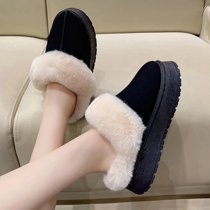 Women Thick Sole Faux Fur Slippers Winter Plush Warm Cotton Shoes Woman Indoor Outdoor Non Slip Fluffy Platform Slippers 2023