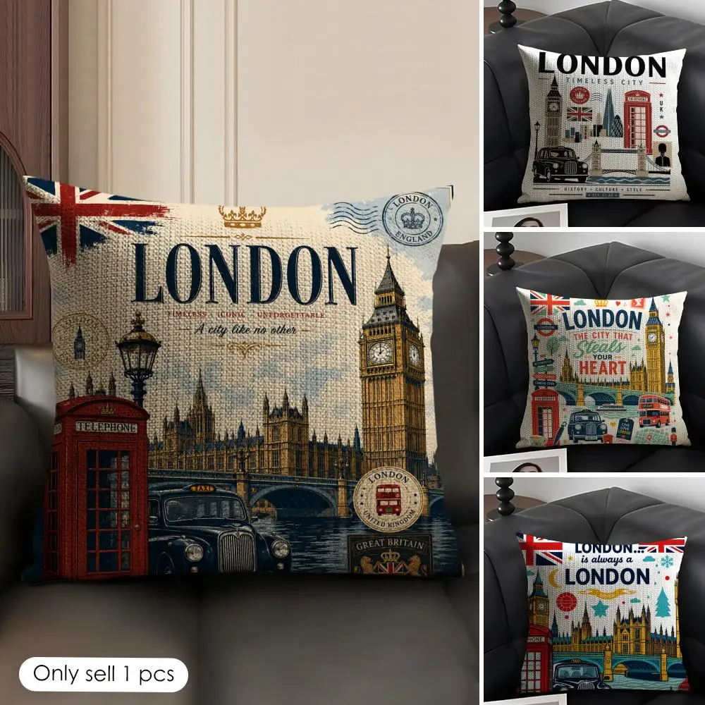 London-Themed Design Cushion Cover Linen Organic Fabric Double-Sided Printing Sofa Breathable Home Decor Gift Pillow Case