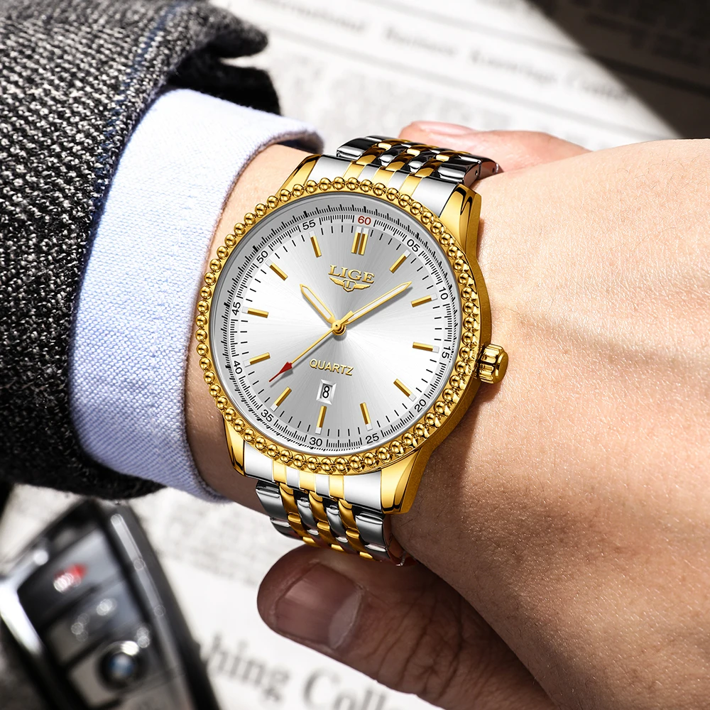 LIGE Man Watch Luminous Waterproof Week Date Men Wristwatch Luxury Stainless Steel Men's Quartz Gold Color Watches reloj hombre
