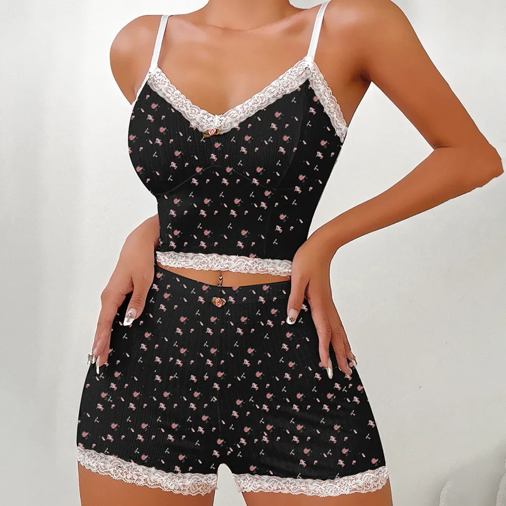 

Casual Homewear Sleep Set Casual Sleepwear Black Floral Pajamas All Seasons Wear Comfortable Fit Microelasticity