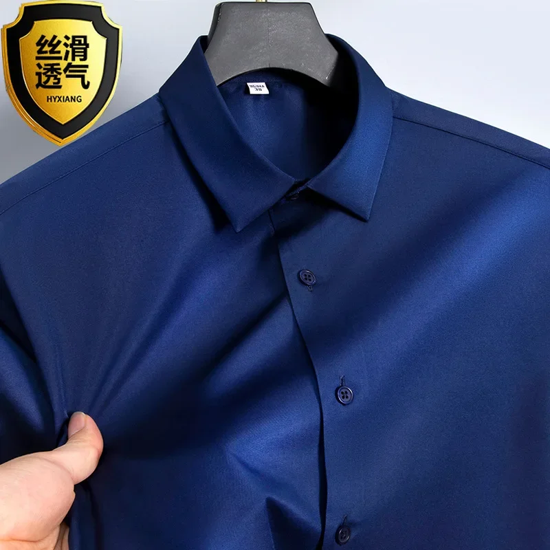 Zomershirt, wit glanzend strijkvrij herenoverhemd, heren kreukbestendig ijszijde casual high-end naadloos zakelijk overhemd