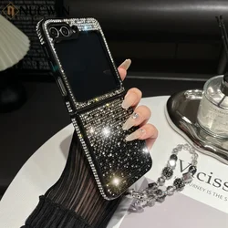 Luxury Gradual Change Flash Diamond Folding Lanyard Case for Samsung Galaxy Z Flip 6 5 4 3 ZFlip 6 With Bracelets Hard Cover