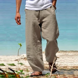 Vintage Men's Solid Color Cotton Linen Long Pant 2023 Spring Summer Casual Straight Trousers Men Leisure Drawstring Beach Pants