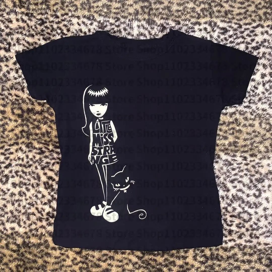 2000s Print Graphic Streetwear Harajuku Goth Short Sleeve T-shirts Y2K Fashion Summer E-girl Black Cute Slim Baby Tees Crop Tops