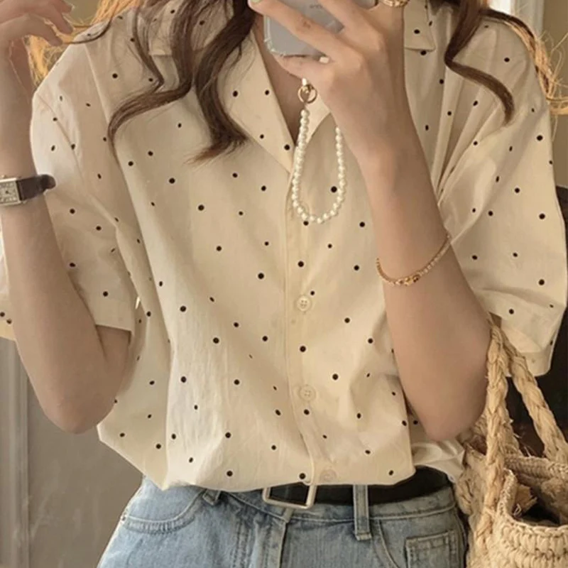 Summer Fashion Commuting Comfortable Breathable Polka Dot Loose Short Sleeved Shirt Women\'s Niche Lapel Casual Young Style Top