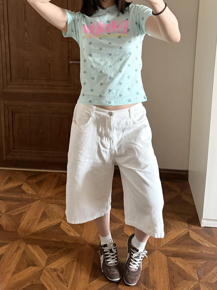 

American Retro High Waist White Denim Seven-Quarter Shorts Women Summer New Loose Slimming Wide Leg Medium Pants