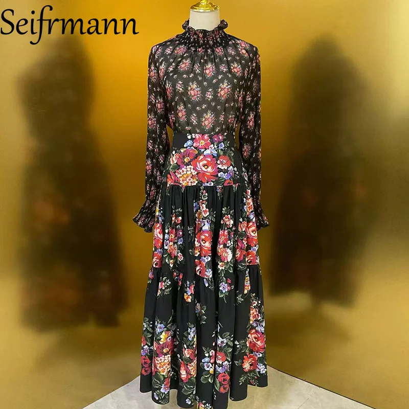 

Seifrmann Spring Summer New Women's Suit Stand collar Flare Sleeved Silk Tops+Casual Cotton Loose Skirt Print 2-piece set