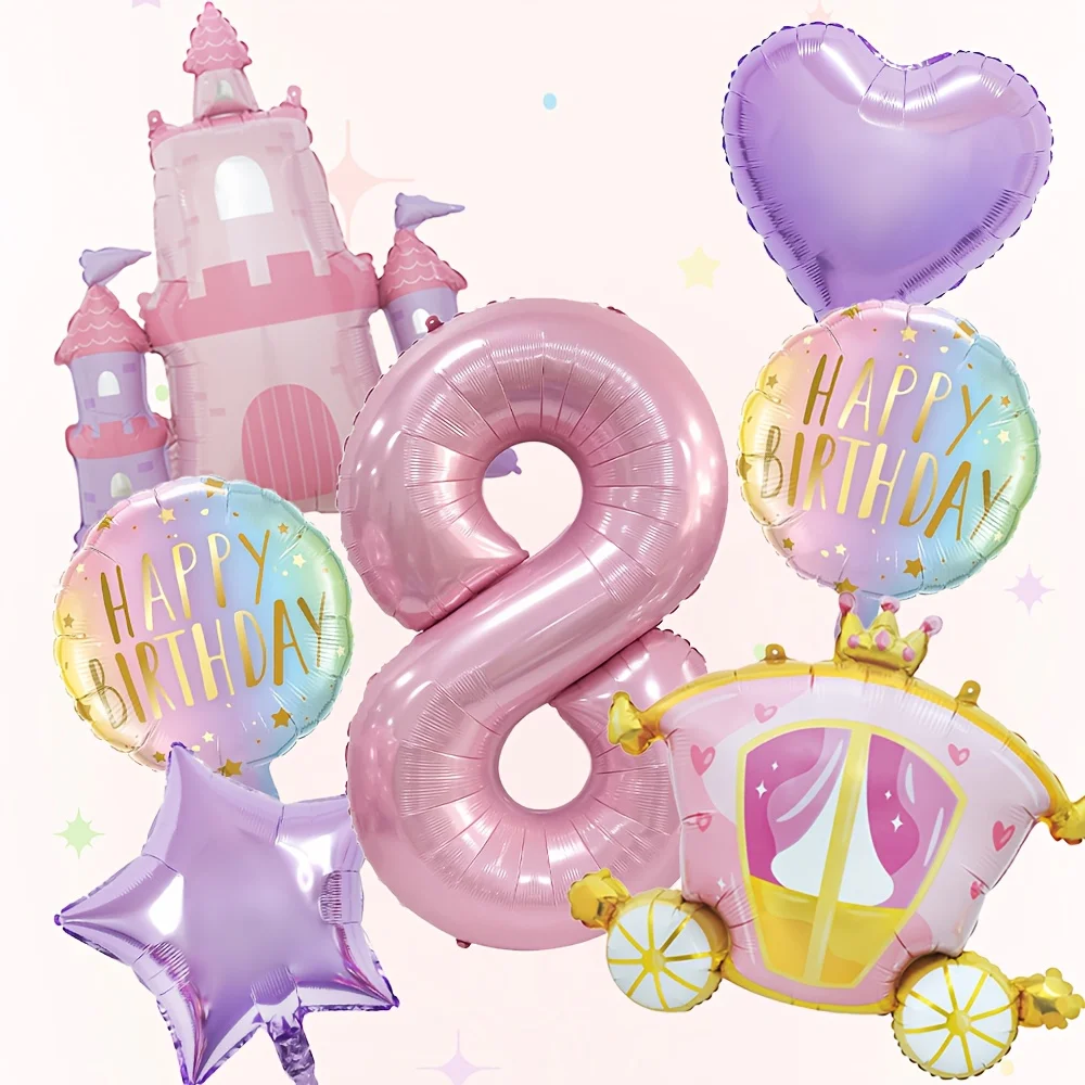 7-teiliges Prinzessinnen-Themen-Set mit Schloss und Kutsche, Aluminiumfolienballons für Geburtstagspartys und Babypartys, Luftballons und Dekorationszubehör – Detail 10